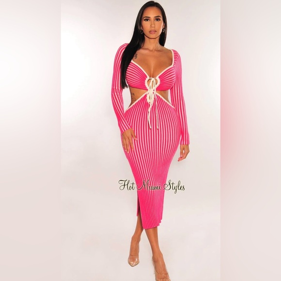 Hot Miami Styles Dresses & Skirts - Hot Miami Styles Pink and White Cutout Dress